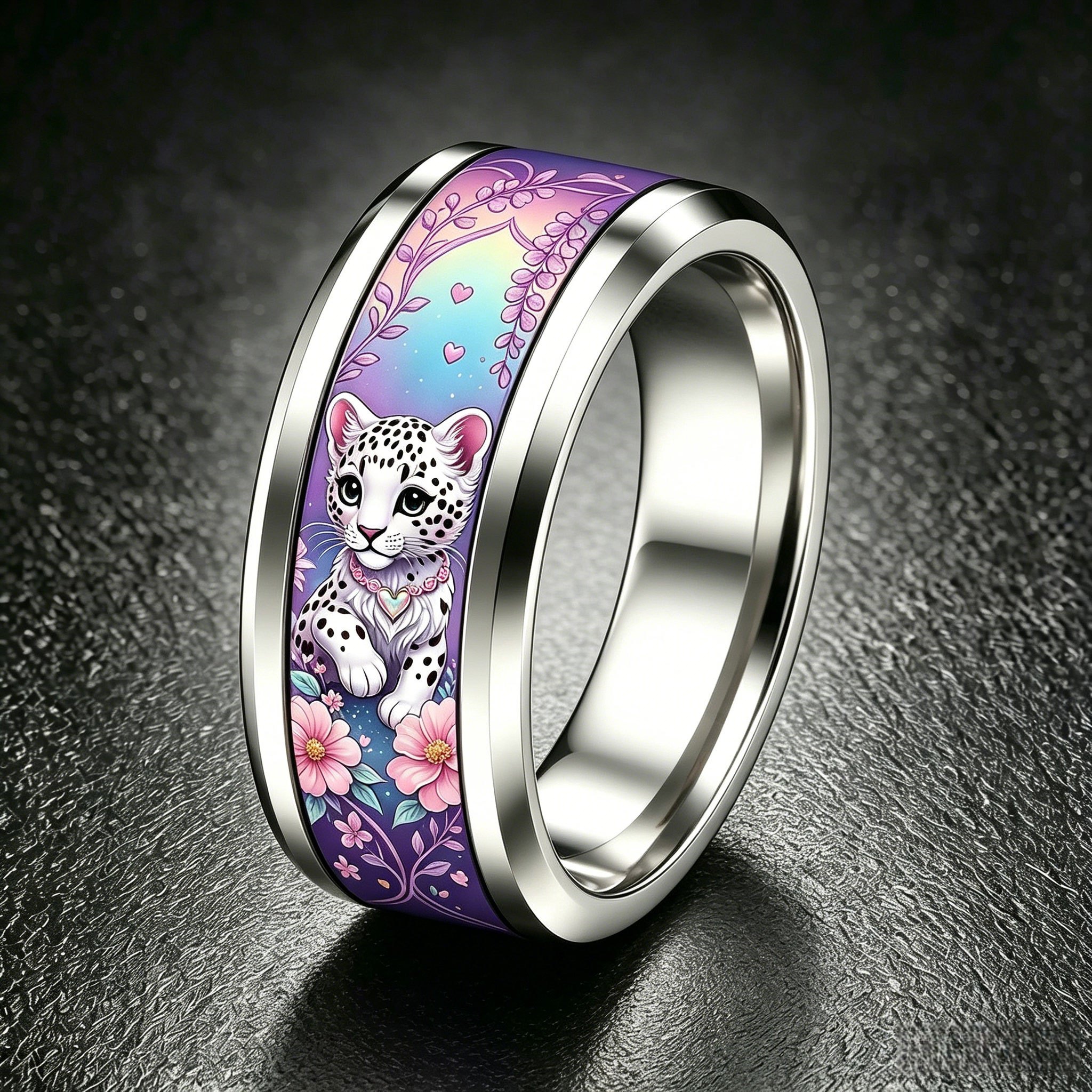 Purple Flower Cute Snow Leopard Girl Ring